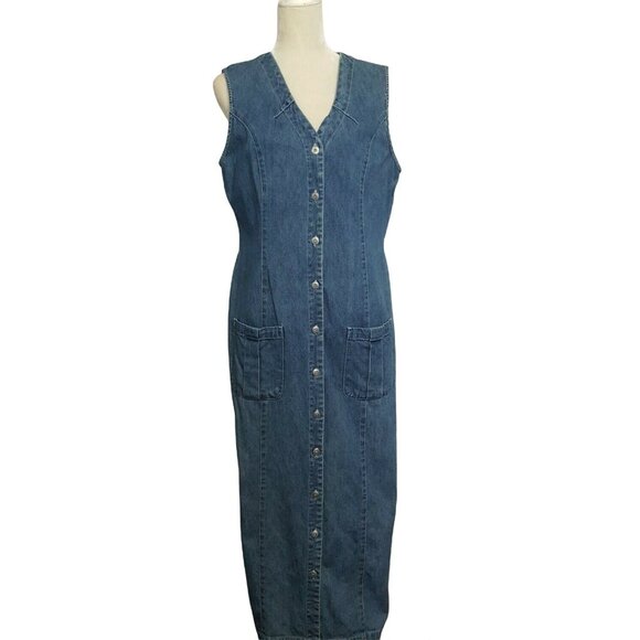 Womens Vintage Jean Dress Duster Womens Size 16 Long Western Sleeveless Buttons - Picture 1 of 8